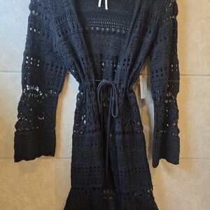 NWT by ANTHROPOLOGIE Black Crochet Knit Tie-Waist Long Cardigan XSP